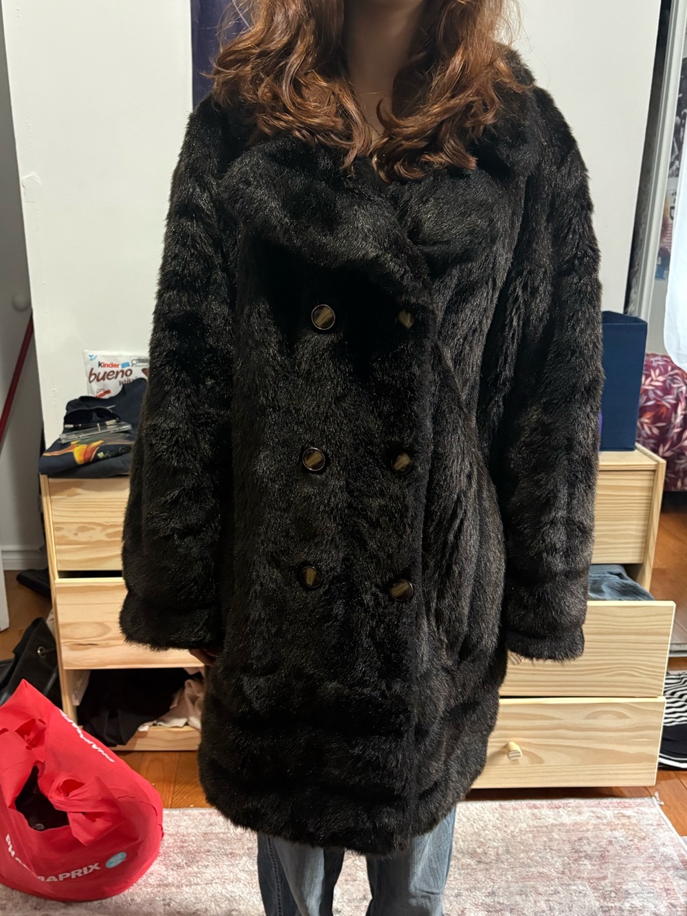 Double-Breasted Black Faux Fur Pea Coat